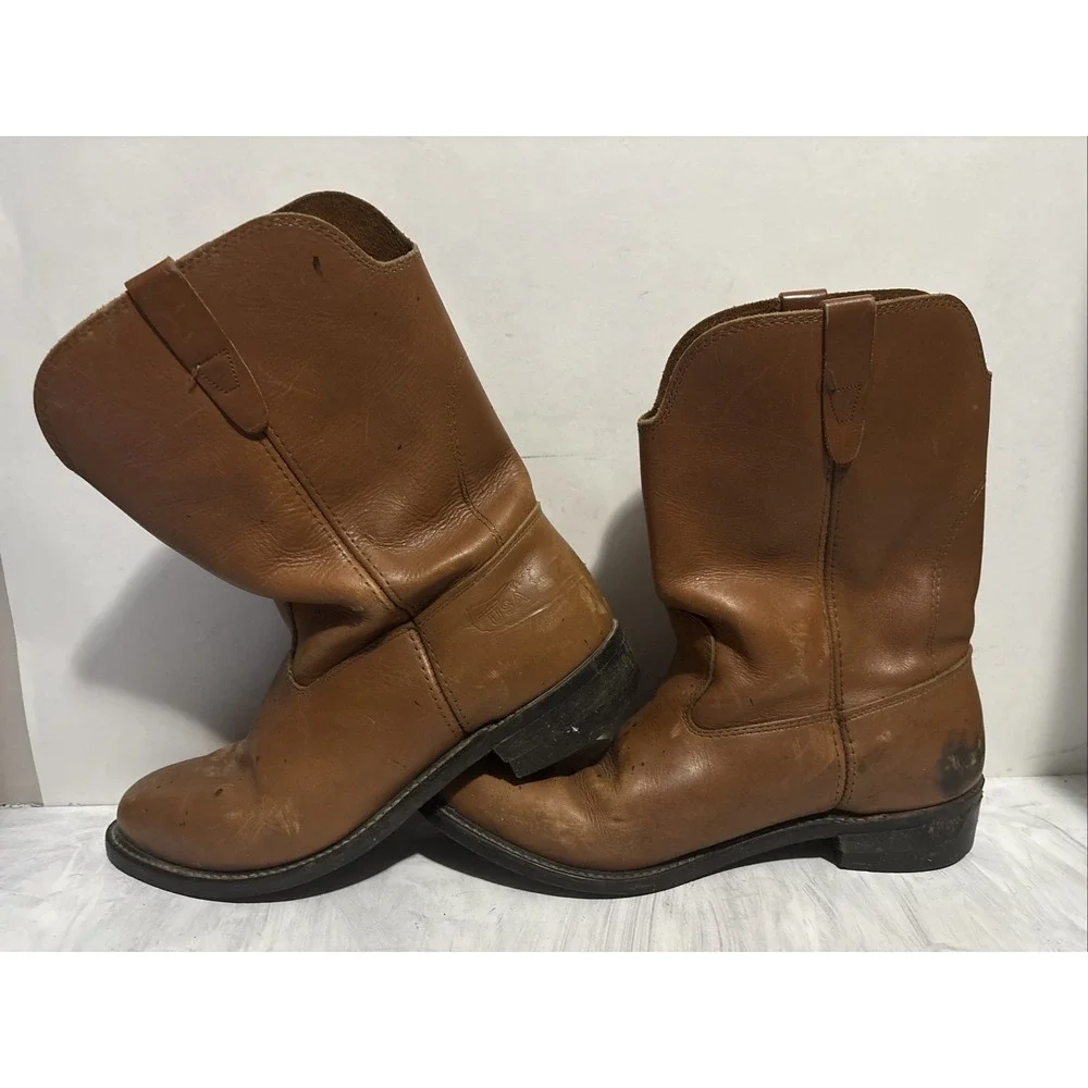 Vintage Unbranded Brown Leather Work Boots Made In USA Mens 11 Pull On Roper